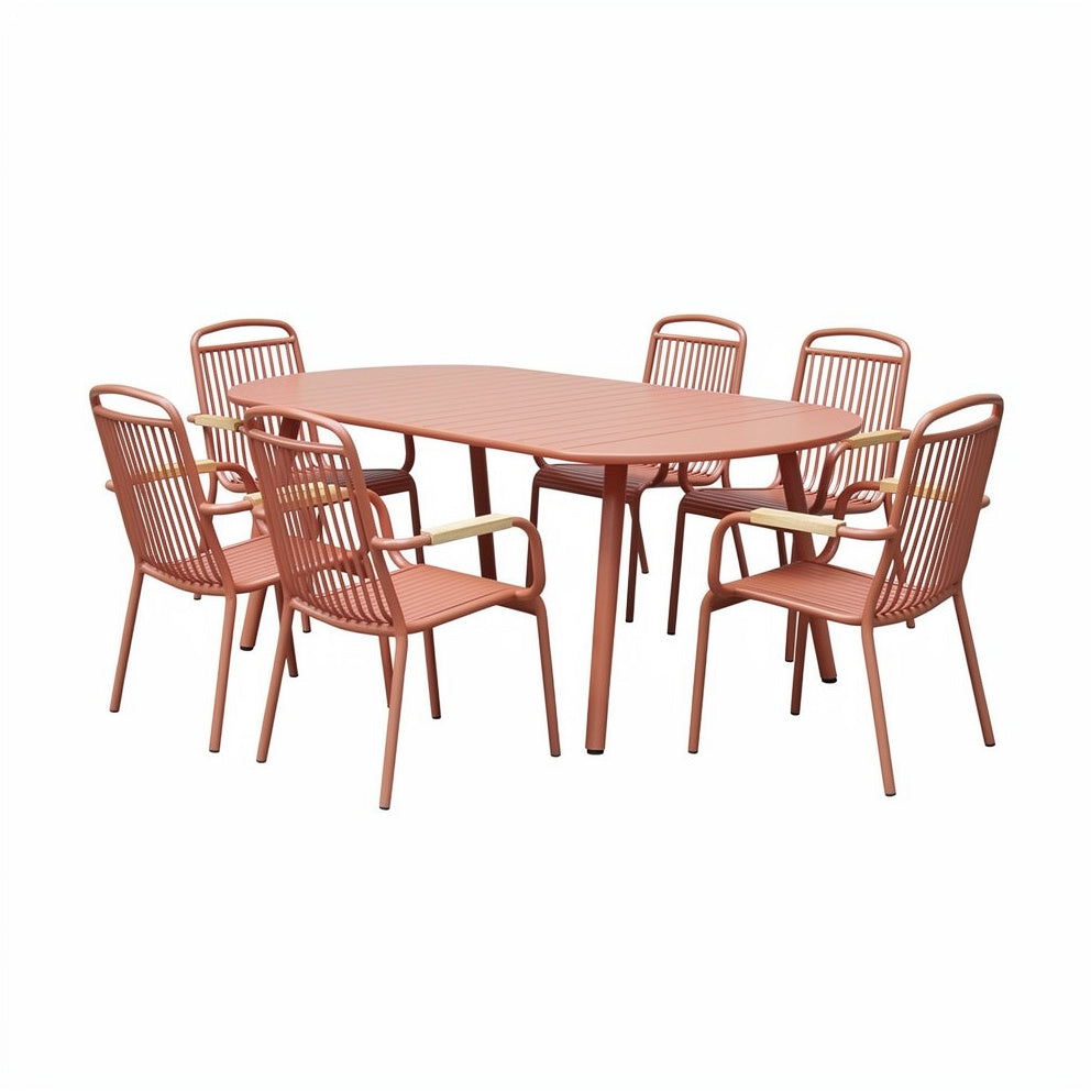 **Technische Titel: Moderne Ovalen Tuinset met 6 Stoelen - Roestkleurige Kunststof Constructie**