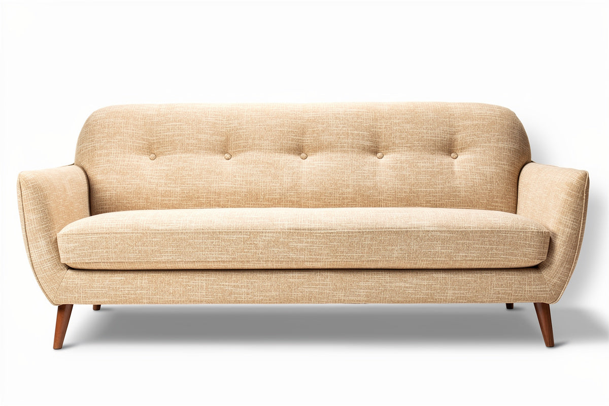 "Moderne Beige Bank met Knopen en Houten Poten"