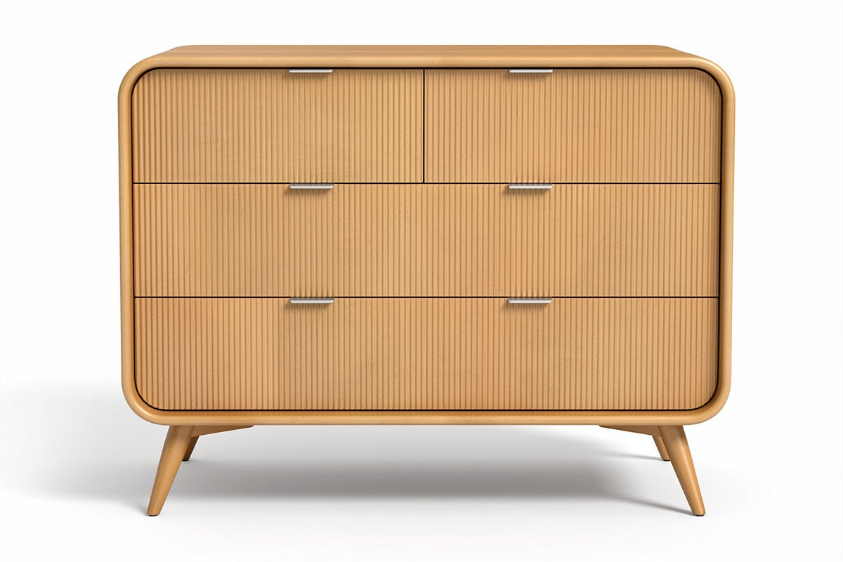 **Moderne Houten Dressoir met Ribbelstructuur en Donkere Handgrepen**