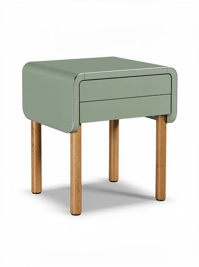 “Moderne nachttafel met twee lades en houten poten”