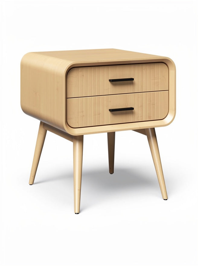 Moderne nachttafel met twee lades en ronde hoeken in licht hout.